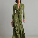 Robe Maxi en Soie Olive à Décolleté en V