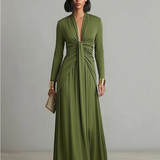 Robe Maxi en Soie Olive à Décolleté en V