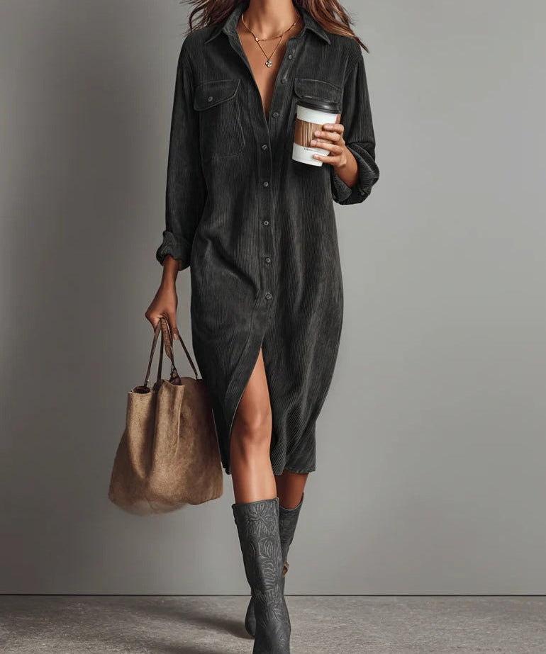 Vera - Robe Midi en Velours Côtelé