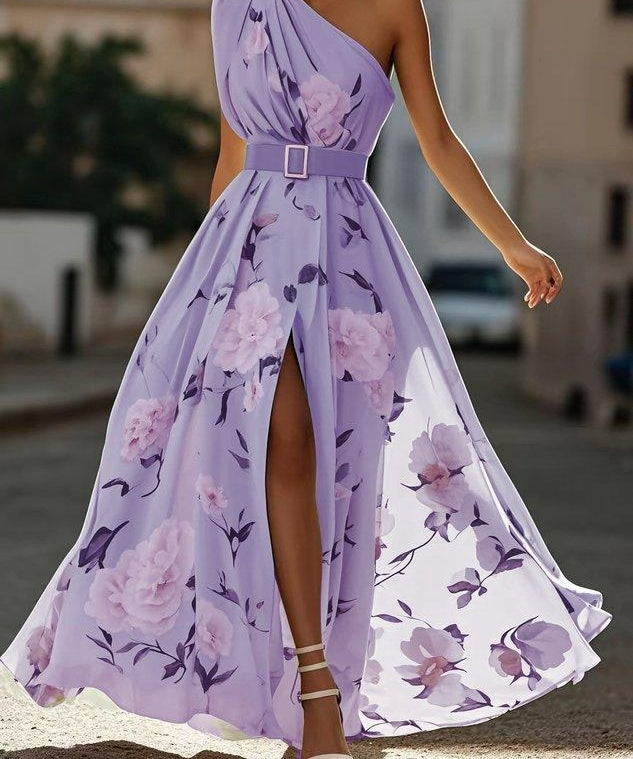 Julie | Robe Maxi Chiffon Florale à Épaules Dégagées Vert Clair