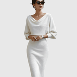 Ismeria | Robe Midi Drapée à Manches Chauve-Souris Blanche
