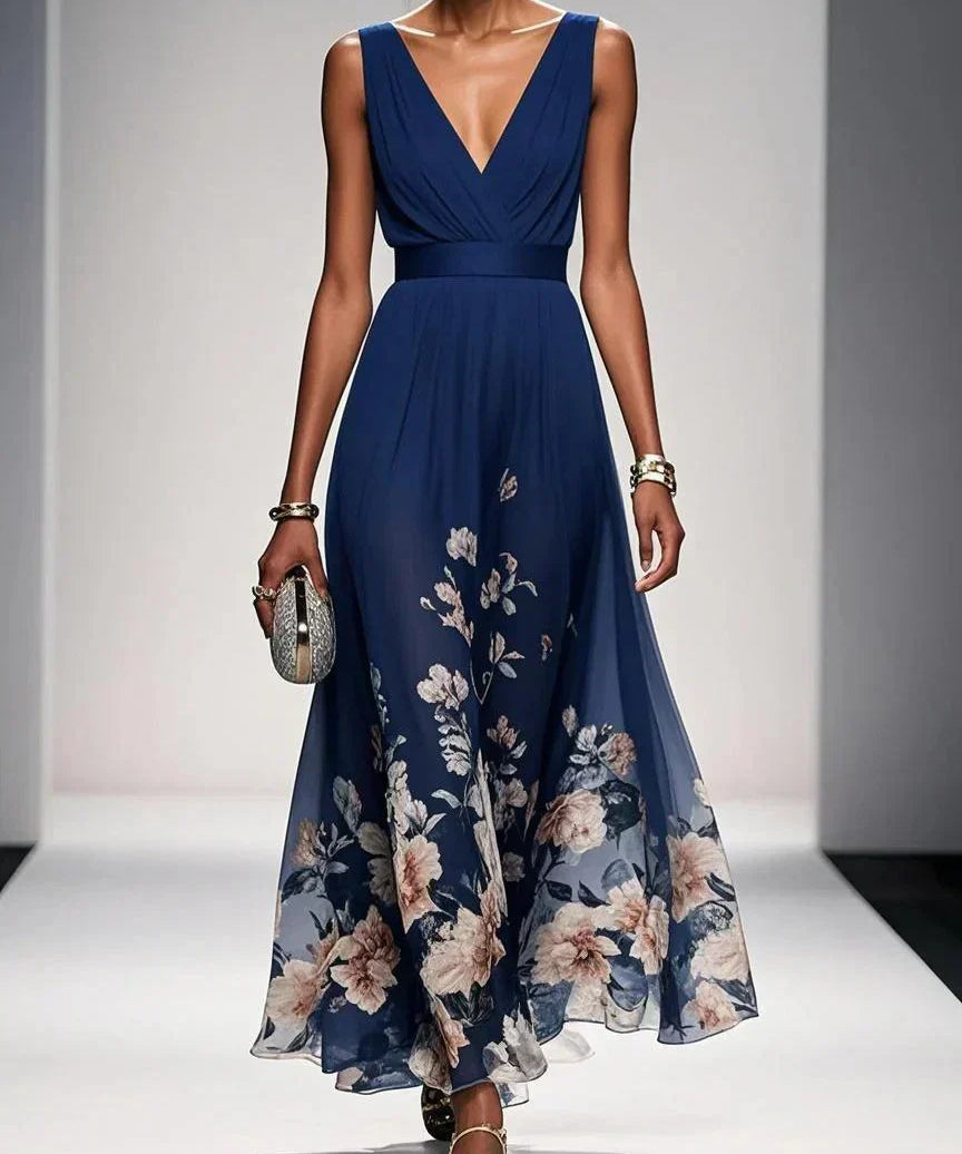 Rosa | Robe Maxi en Chiffon avec Fleurs Bleu Clair et Décolleté en V