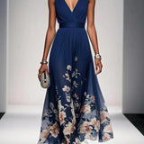 Rosa | Robe Maxi en Chiffon avec Fleurs Bleu Clair et Décolleté en V