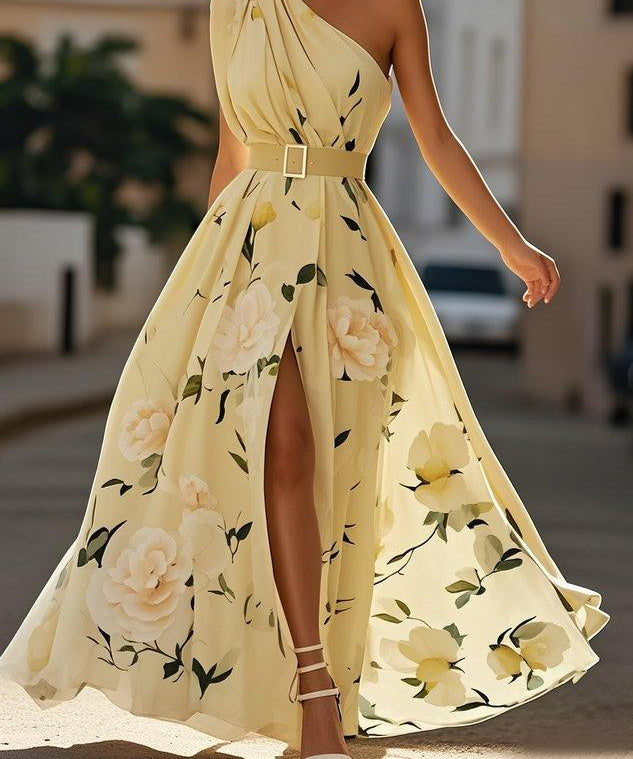 Julie | Robe Maxi Chiffon Florale à Épaules Dégagées Vert Clair