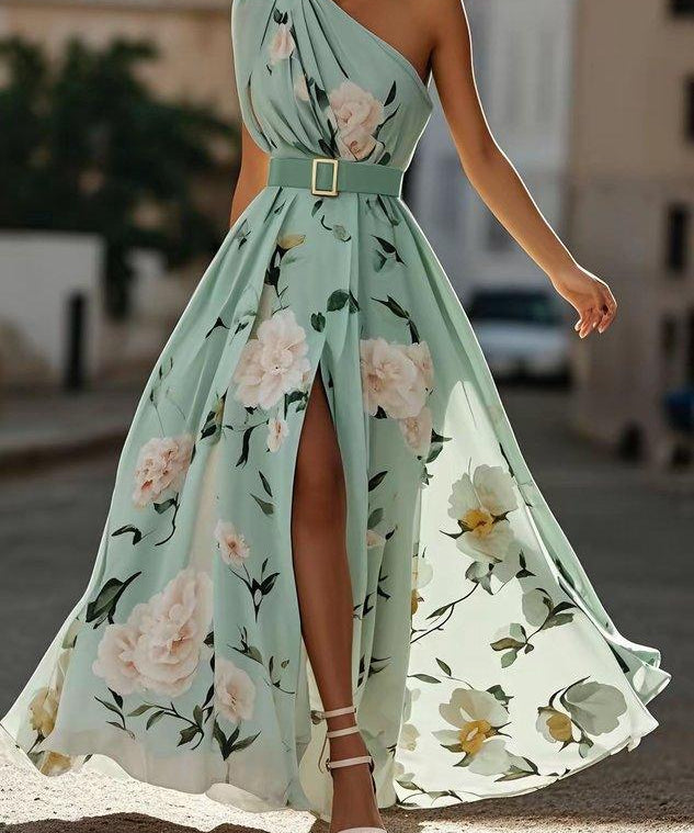 Julie | Robe Maxi Chiffon Florale à Épaules Dégagées Vert Clair