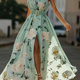 Julie | Robe Maxi Chiffon Florale à Épaules Dégagées Vert Clair