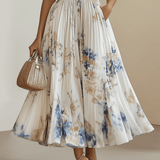 Chloé | Robe midi plissée en chiffon floral blanc avec décolleté en V