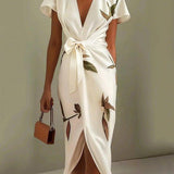 Judy | Robe Midi en Satin à Manches Courtes Blanche