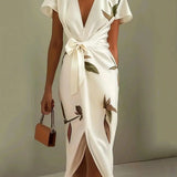 Judy | Robe Midi en Satin à Manches Courtes Blanche