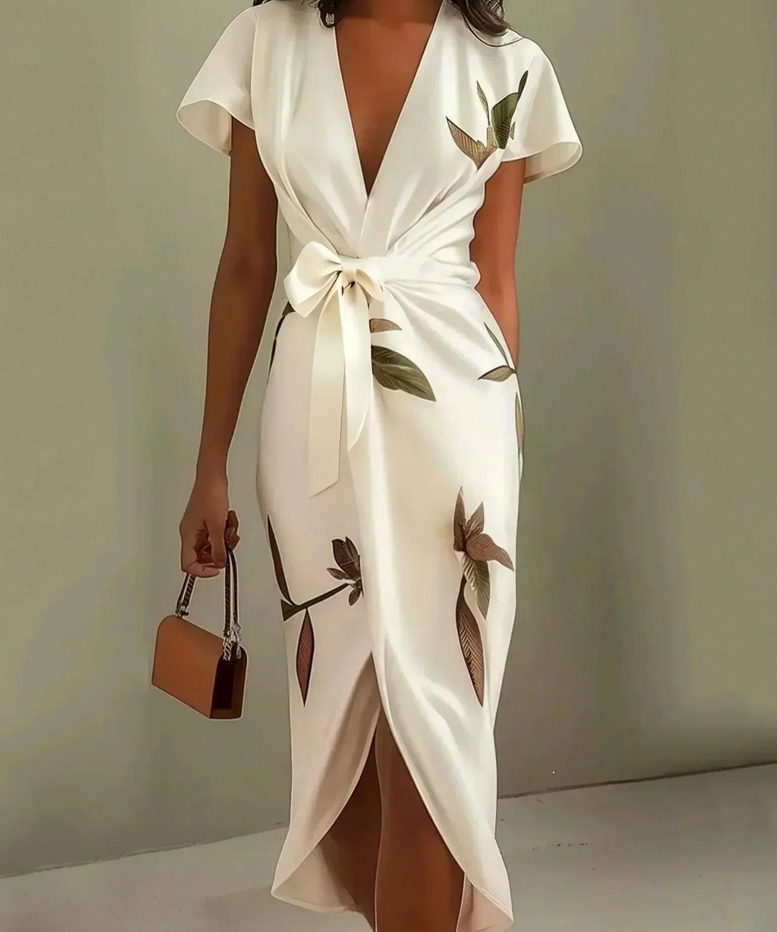 Judy | Robe Midi en Satin à Manches Courtes Blanche