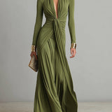 Robe Maxi en Soie Olive à Décolleté en V