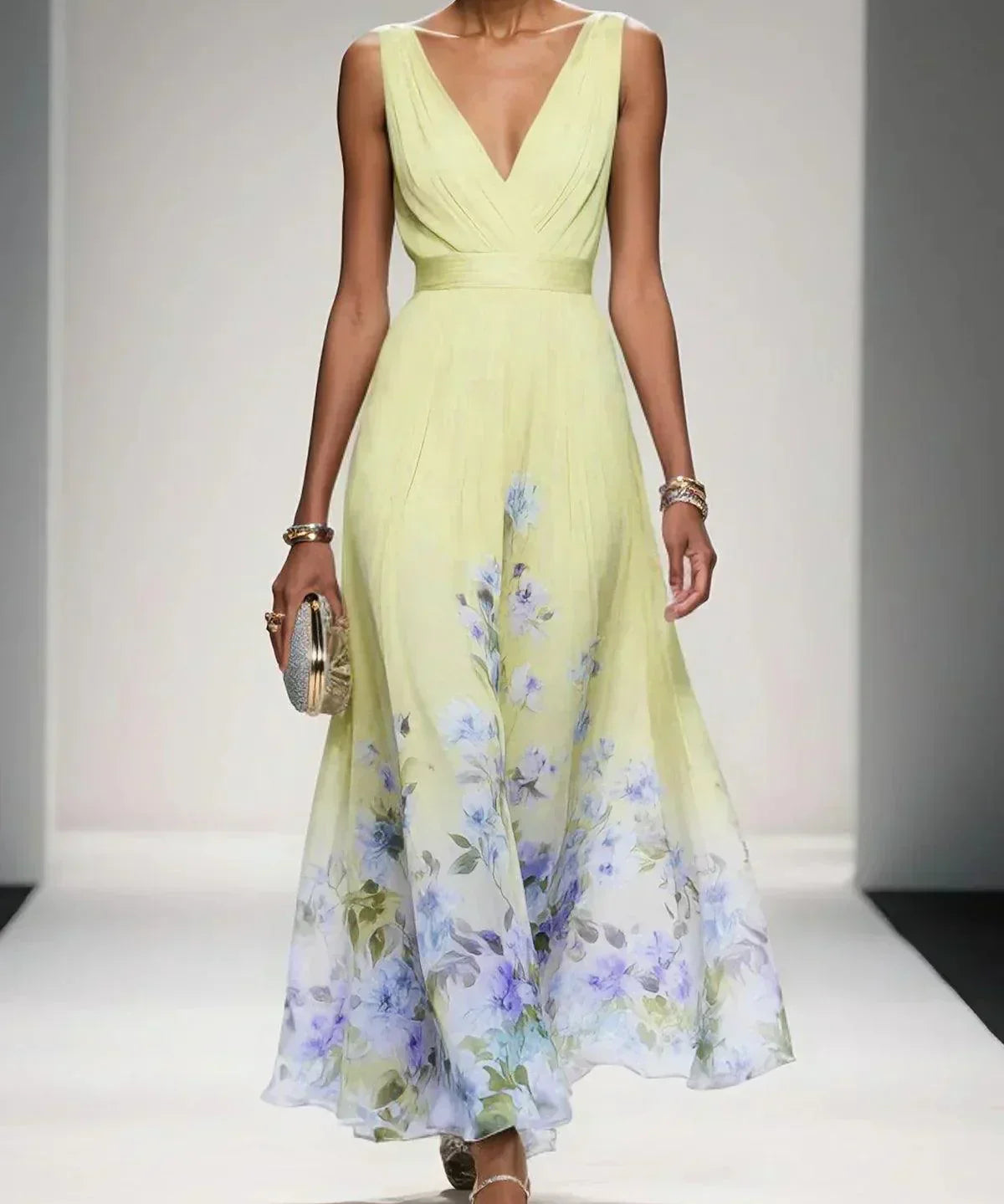 Rosa | Robe Maxi en Chiffon avec Fleurs Bleu Clair et Décolleté en V