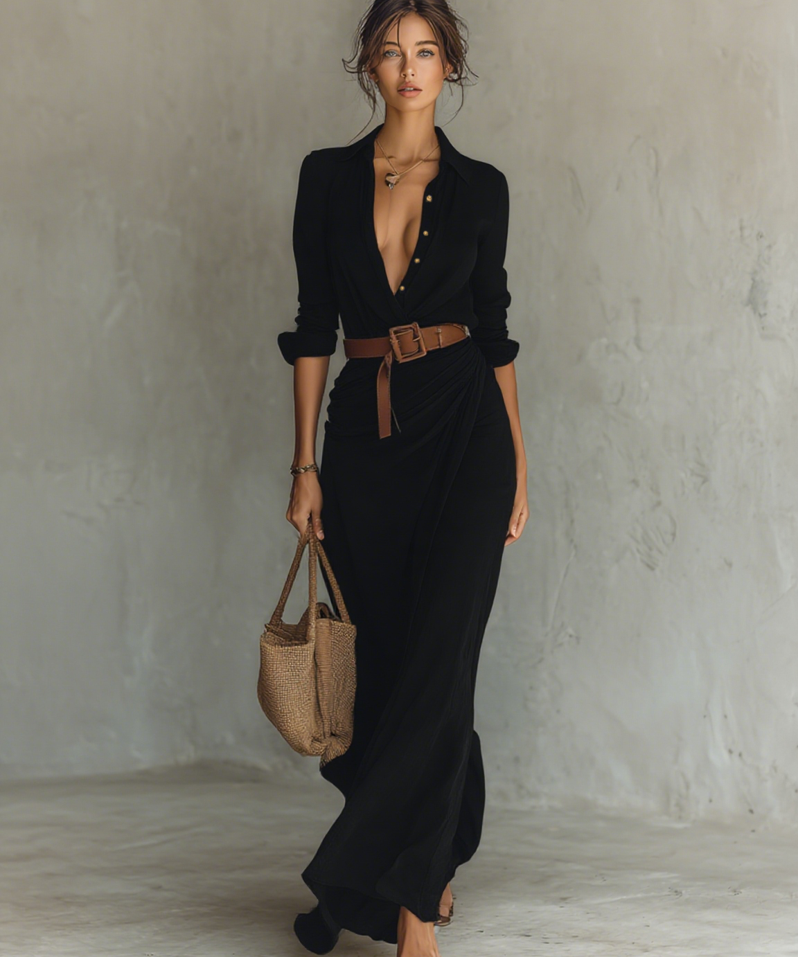 Robe Maxi Col Revers Manches Longues