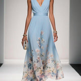 Rosa | Robe Maxi en Chiffon avec Fleurs Bleu Clair et Décolleté en V