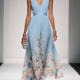 Rosa | Robe Maxi en Chiffon avec Fleurs Bleu Clair et Décolleté en V