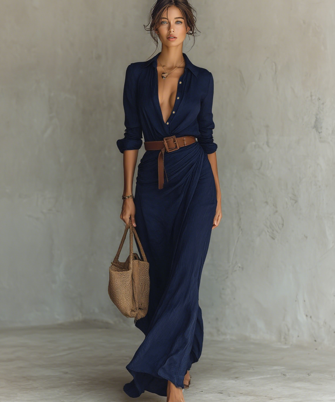 Robe Maxi Col Revers Manches Longues