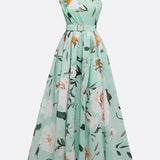 Julie | Robe Maxi Chiffon Florale à Épaules Dégagées Vert Clair