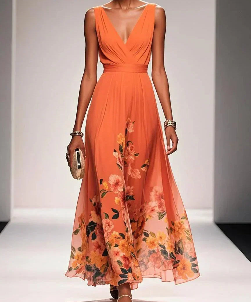 Rosa | Robe Maxi en Chiffon avec Fleurs Bleu Clair et Décolleté en V