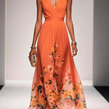 Rosa | Robe Maxi en Chiffon avec Fleurs Bleu Clair et Décolleté en V