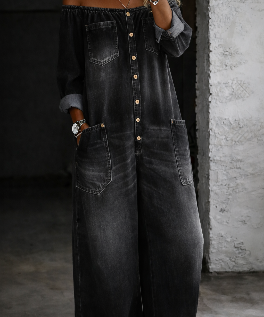 Elena™ | Combinaison denim épaules dénudées