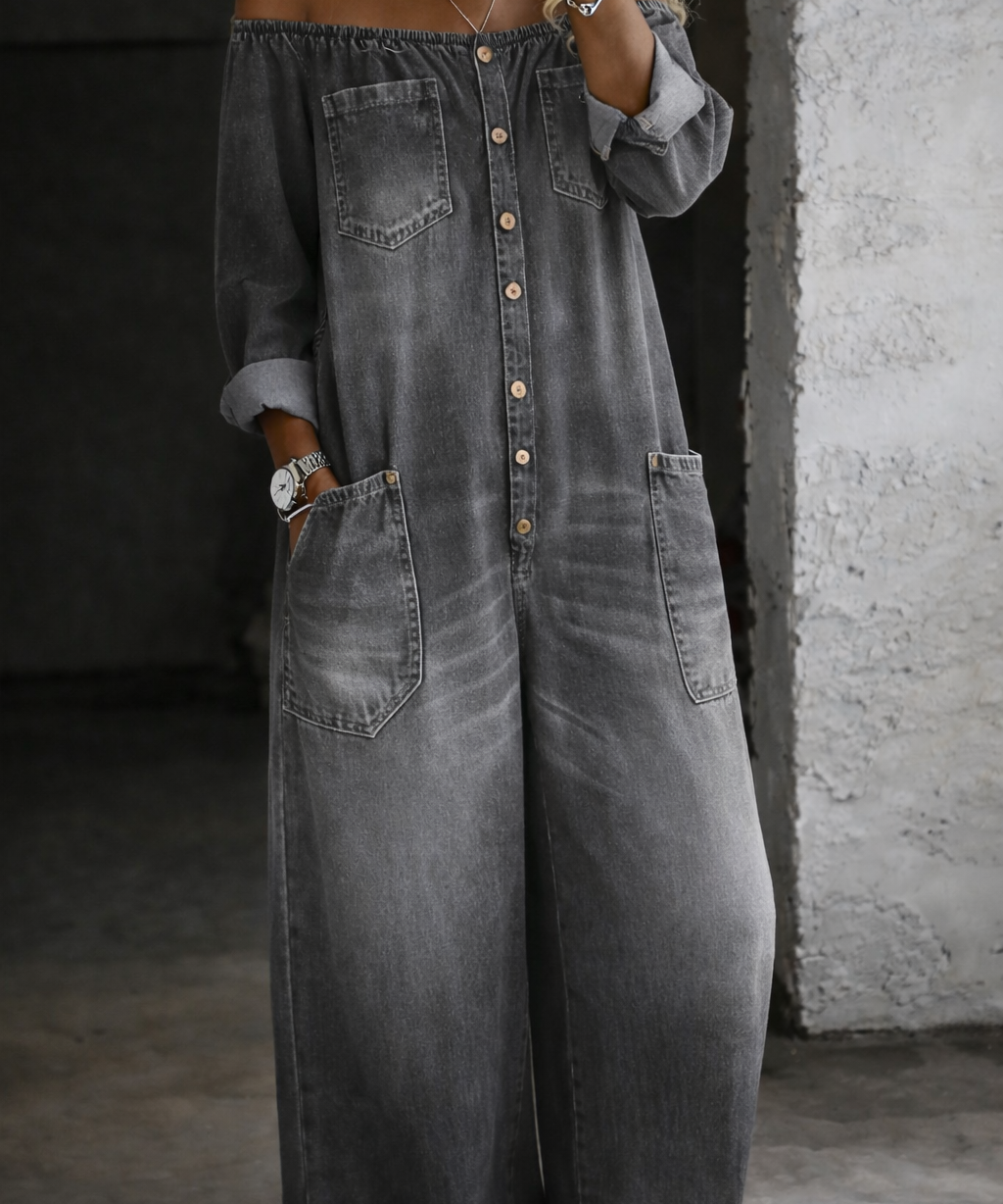 Elena™ | Combinaison denim épaules dénudées