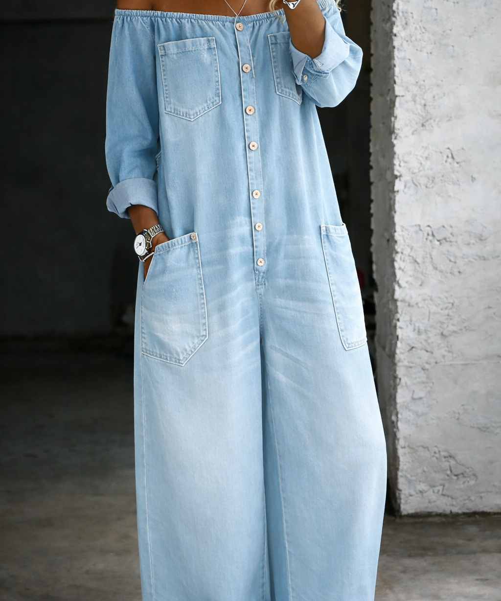 Elena™ | Combinaison denim épaules dénudées