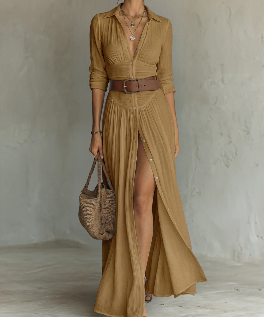 Robe Maxi en Lin avec Col Revers à Manches Longues