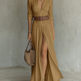 Robe Maxi en Lin avec Col Revers à Manches Longues