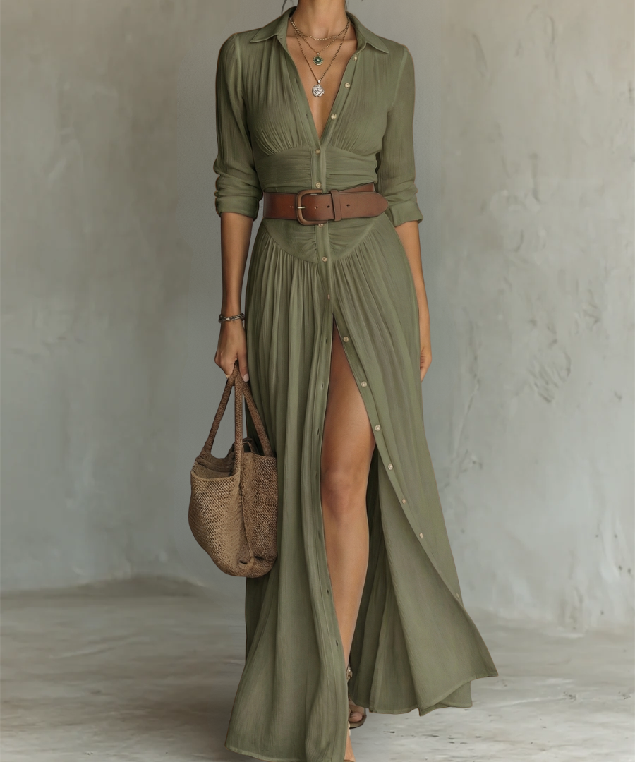 Robe Maxi en Lin avec Col Revers à Manches Longues