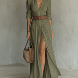 Robe Maxi en Lin avec Col Revers à Manches Longues