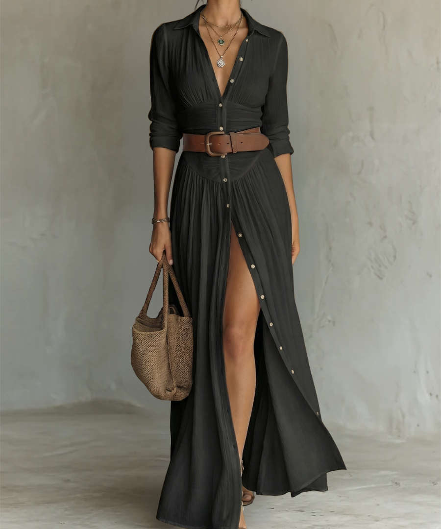 Robe Maxi en Lin avec Col Revers à Manches Longues