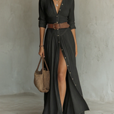Robe Maxi en Lin avec Col Revers à Manches Longues