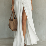 Robe Maxi en Lin avec Col Revers à Manches Longues
