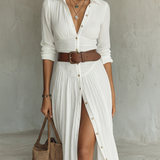 Robe Maxi en Lin avec Col Revers à Manches Longues