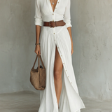 Robe Maxi en Lin avec Col Revers à Manches Longues