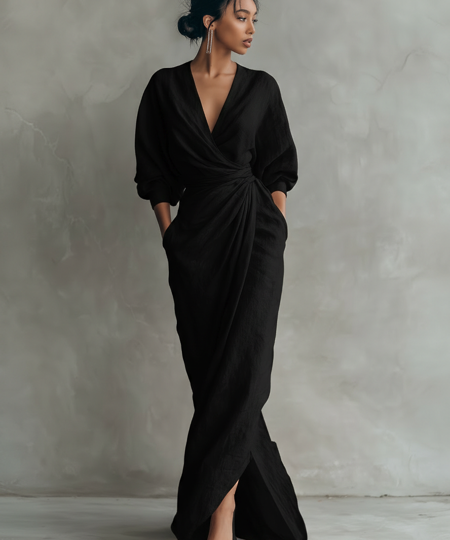 Robe Maxi en Lin Rose Décolleté en V