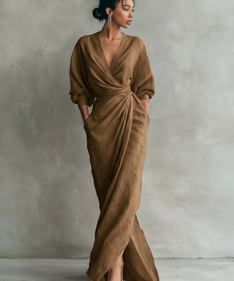 Robe Maxi en Lin Rose Décolleté en V