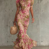 Mae | Robe Maxi avec Imprimé Rose Vintage et Manches Bouffantes