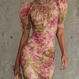 Mae | Robe Maxi avec Imprimé Rose Vintage et Manches Bouffantes