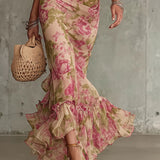 Mae | Robe Maxi avec Imprimé Rose Vintage et Manches Bouffantes