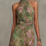 Firenze | Robe Maxi Chiffon Florale Verte à Dos Nu