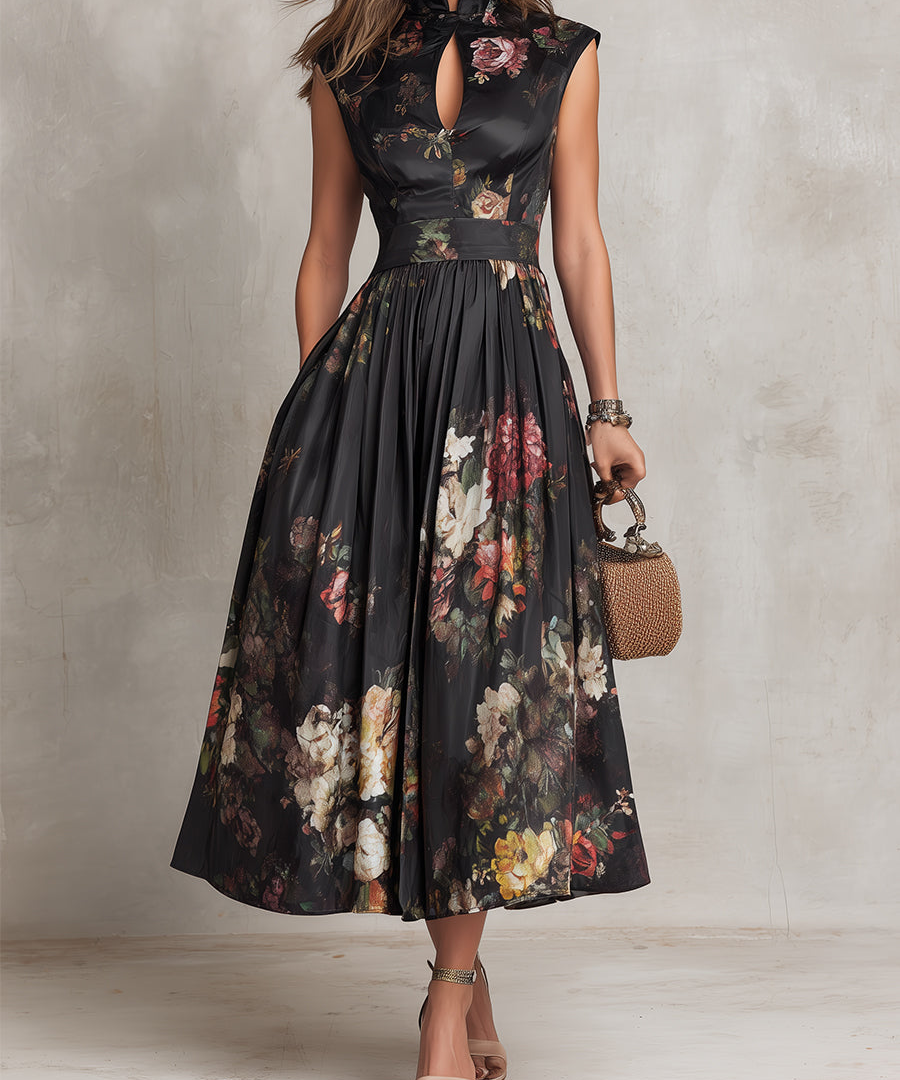 Patricia | Robe Midi Plissée en Satin Floral Noir