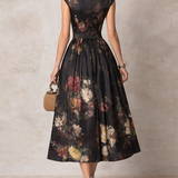 Patricia | Robe Midi Plissée en Satin Floral Noir