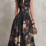 Patricia | Robe Midi Plissée en Satin Floral Noir