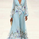 Mia | Robe Maxi Chiffon Floral Bleu Clair avec Décolleté en V