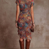 Judy | Robe Midi Plissée V-Cœur Abstraite Bohémienne