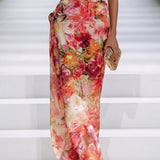 Fae | Robe Maxi Sans Manches en Chiffon Rouge à Fleurs