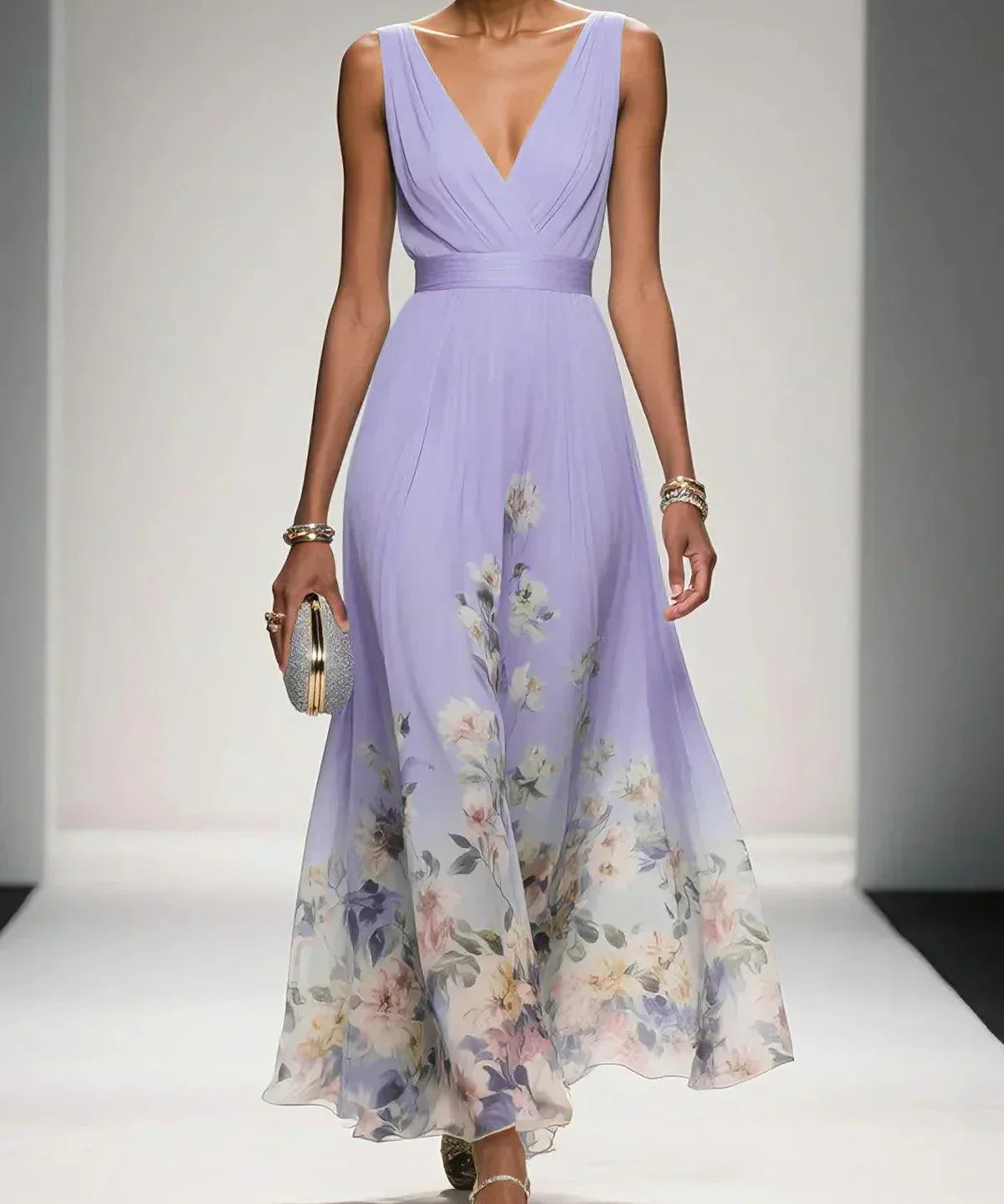 Rosa | Robe Maxi en Chiffon avec Fleurs Bleu Clair et Décolleté en V