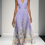 Rosa | Robe Maxi en Chiffon avec Fleurs Bleu Clair et Décolleté en V