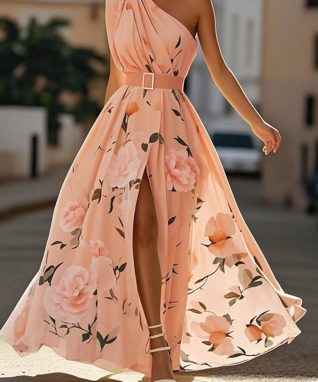 Julie | Robe Maxi Chiffon Florale à Épaules Dégagées Vert Clair